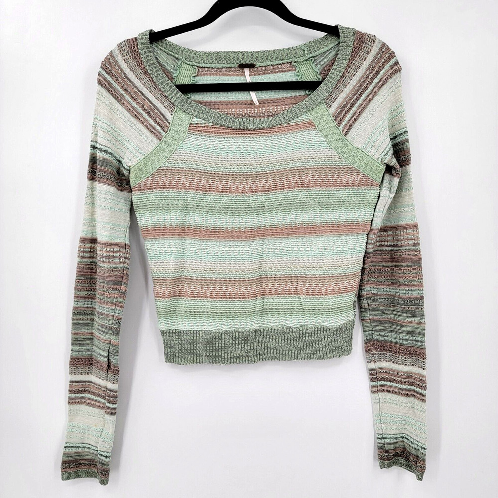 Free People Women's Small Pullover Tight Knit Sweater Stripes Lace Accent FLAW